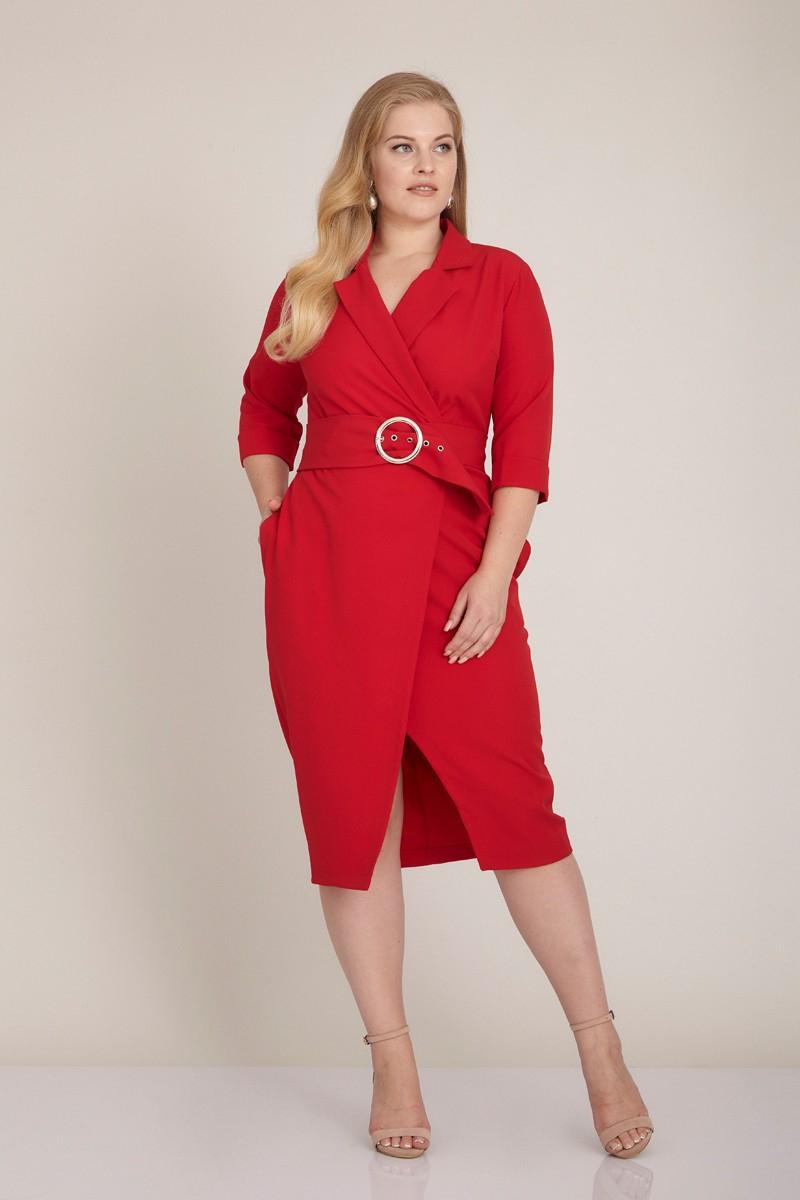 Red plus size 3/4 sleeve midi dress