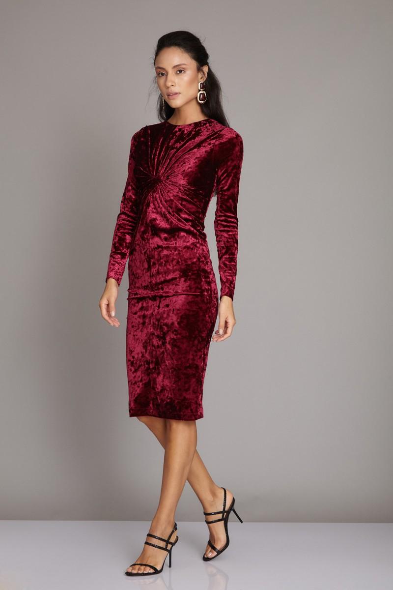 Claret red velvet long sleeve midi dress