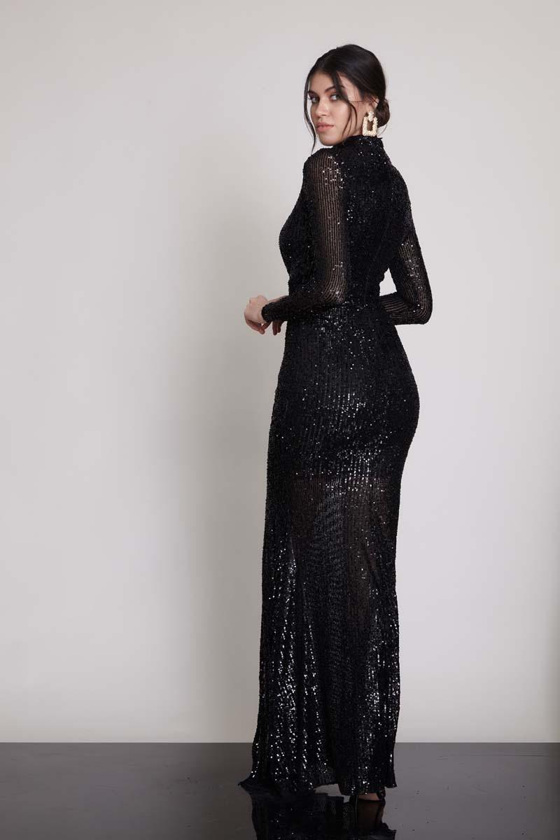 Black sequined long sleeve maxi dress