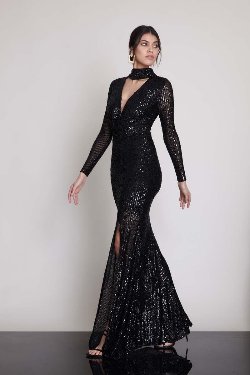 Black sequined long sleeve maxi dress