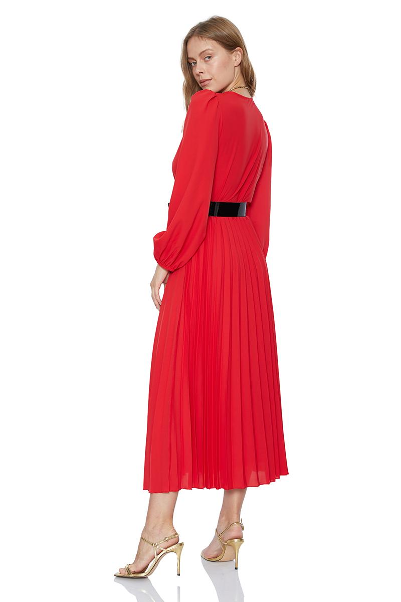 Red crepe long sleeve midi dress