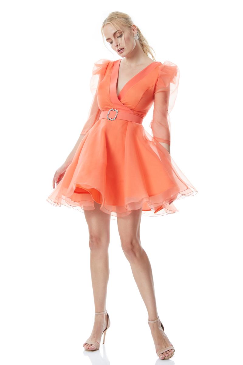 Orange tulle long sleeve mini dress