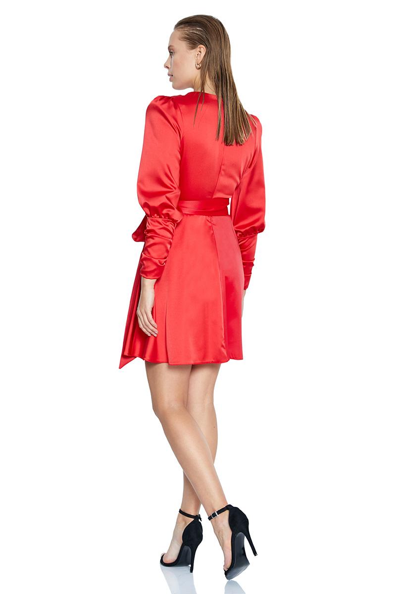 Red satin long sleeve mini dress